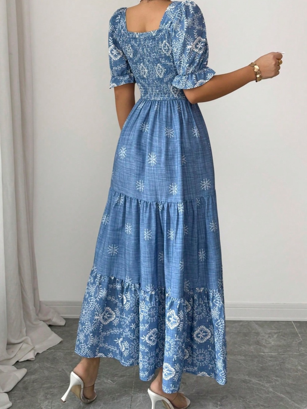 Boho All over print Sauare neck Puff Sleeve Ruffle Hem dress - Picture 4 of 8